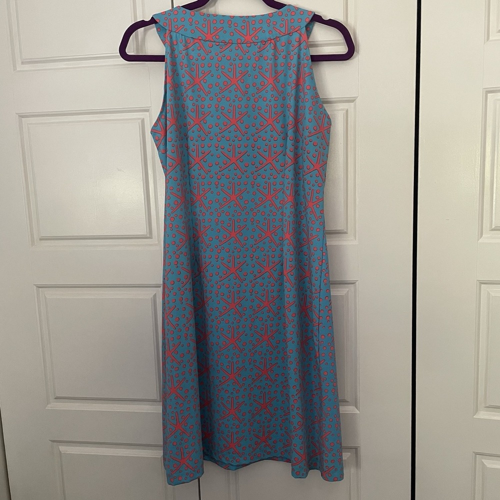 Katherine Way Sleeveless Blue Dress Small Stretch Coral Star Print - Picture 3 of 5